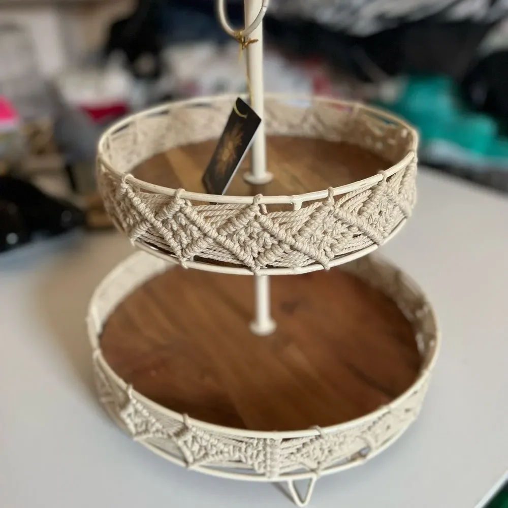 Two-Tier Wood and Macrame Tray, 16-inch Height, Macrame and Metal